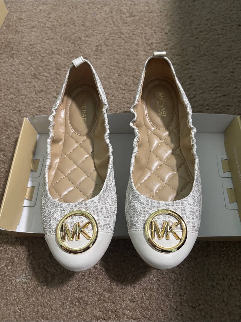 MICHAEL Michael Kors White Logo Ballet Flats with Gold MK Emblem